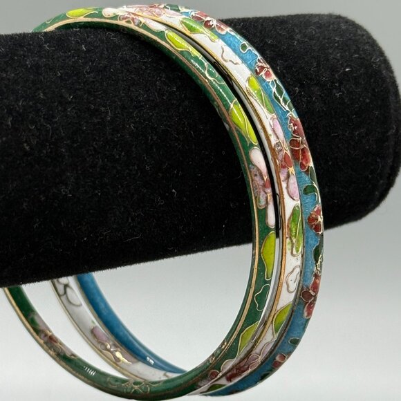 Vintage Cloisonne Bangle Bracelets - Floral Blue White Green (Set of 3) - Picture 2 of 5